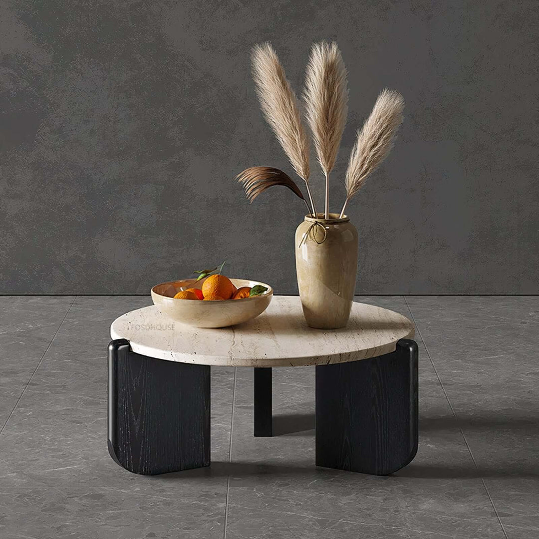 Tables And Coffee Table - Coffee Table Decor Ideas featuring a round marble and oak table with decorative vase and fruit.