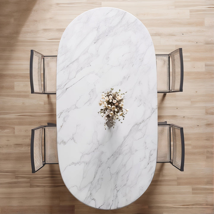 Marble Dining Table Set For 6 - Modern Dining with natural marble top and minimalist chairs.