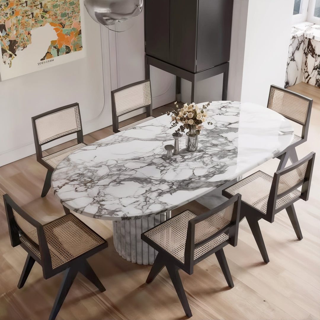 Marble Dining Table Set For 6 - Modern Dining, showcasing an elegant marble top and sleek chairs.