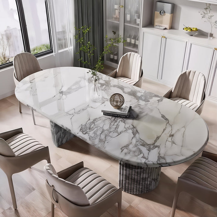 Marble Dining Table Set For 6 - Modern Dining featuring unique veining and a minimalist design in an elegant dining space.