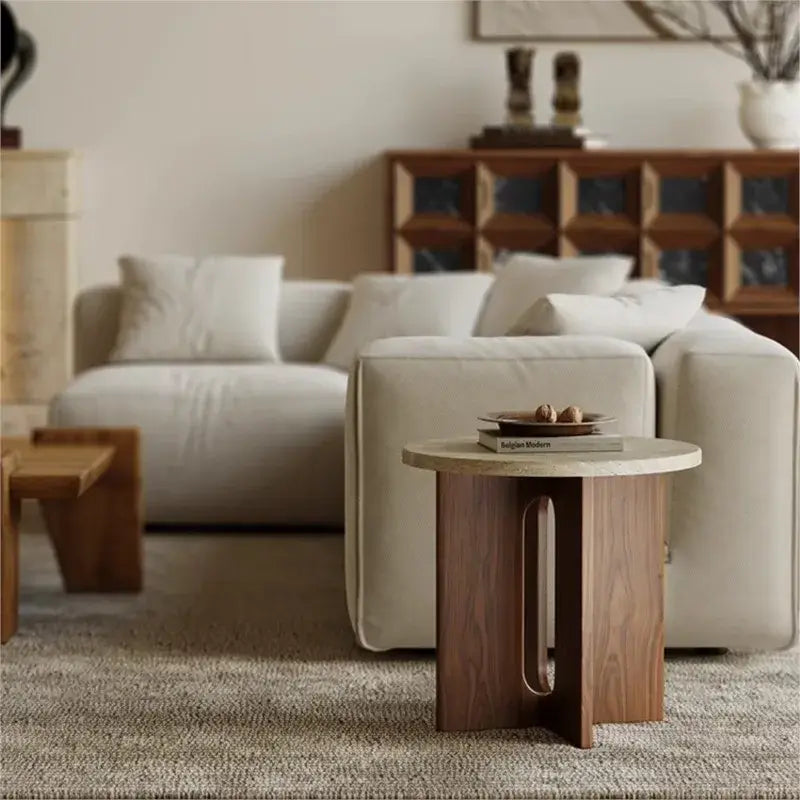 Marble Side Table | Walnut Wood Round End Table — Japandi Living Room