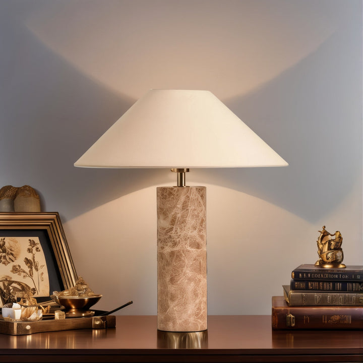 Mid Century Table Lamp - Perfect Minimalistic Design with travertine marble base in stylish setting.