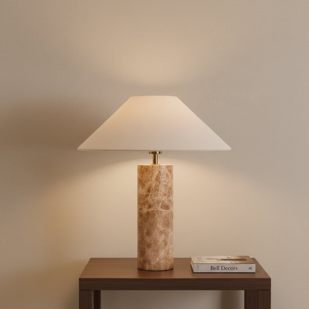 Mid Century Table Lamp - Perfect Minimalistic Design with natural travertine marble base and clean lines.