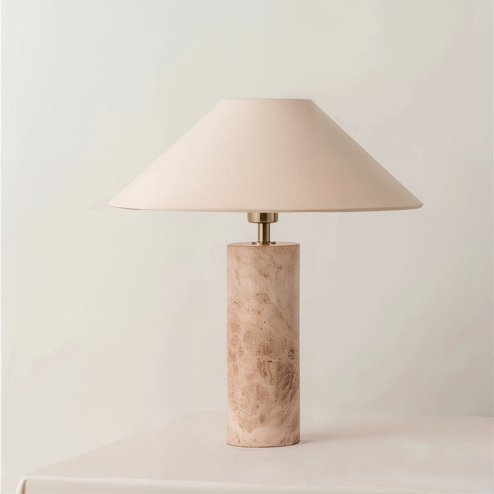 Mid Century Table Lamp - Perfect Minimalistic Design with travertine marble base and a clean, neutral shade.
