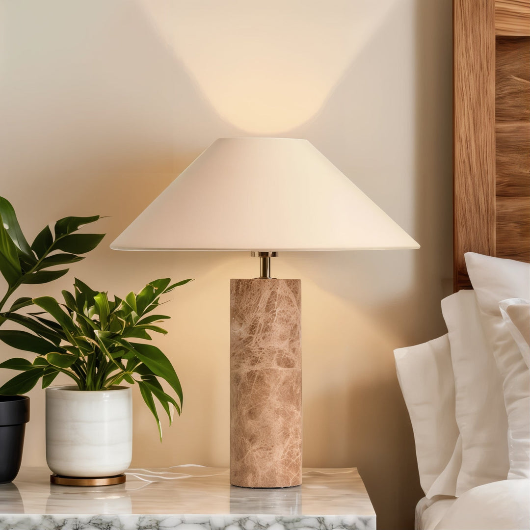 Mid Century Table Lamp - Perfect Minimalistic Design with travertine marble base, ideal for modern interiors.