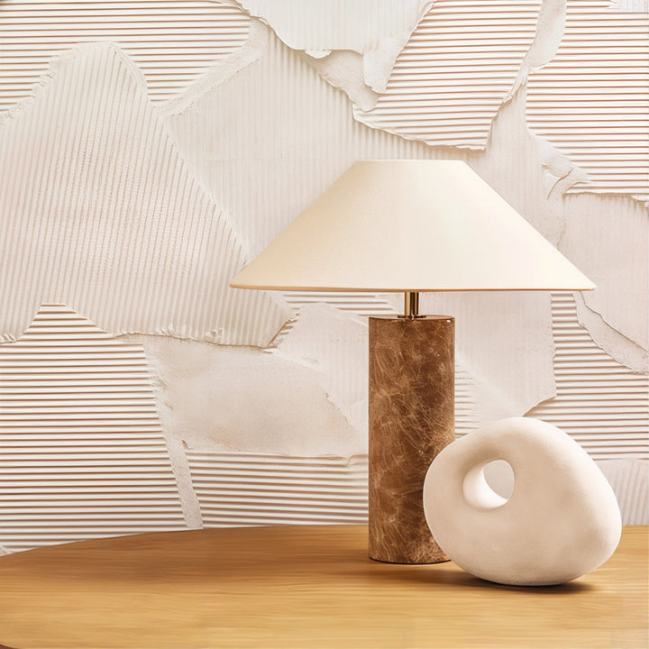 Mid Century Table Lamp - Perfect Minimalistic Design on a wooden table with sculptural decor and textured wall background.