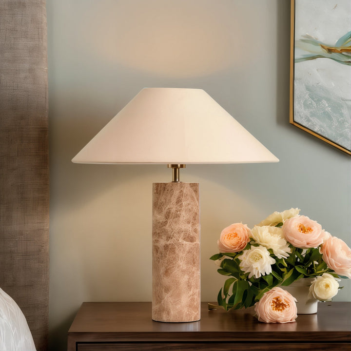 Mid Century Table Lamp - Perfect Minimalistic Design on a nightstand with flowers.