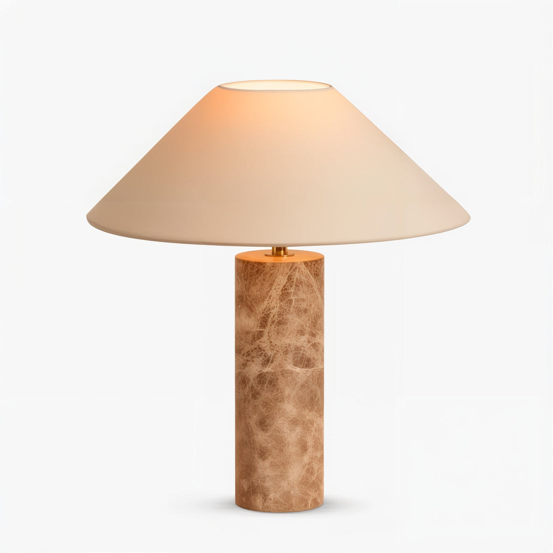 Mid Century Table Lamp - Perfect Minimalistic Design with travertine marble base and conical shade.