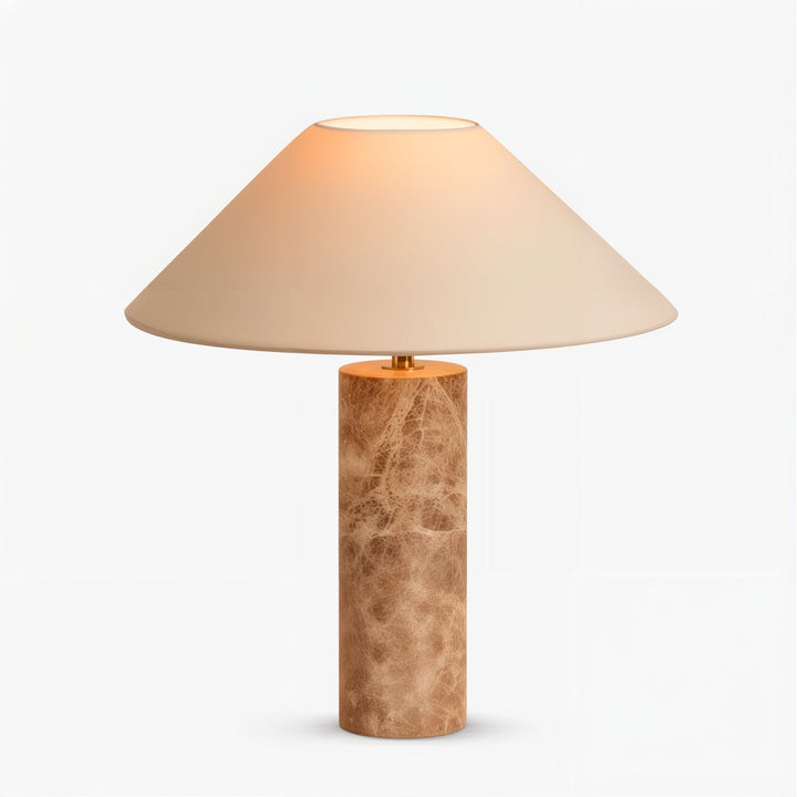 Mid Century Table Lamp - Perfect Minimalistic Design with travertine marble base and conical shade.