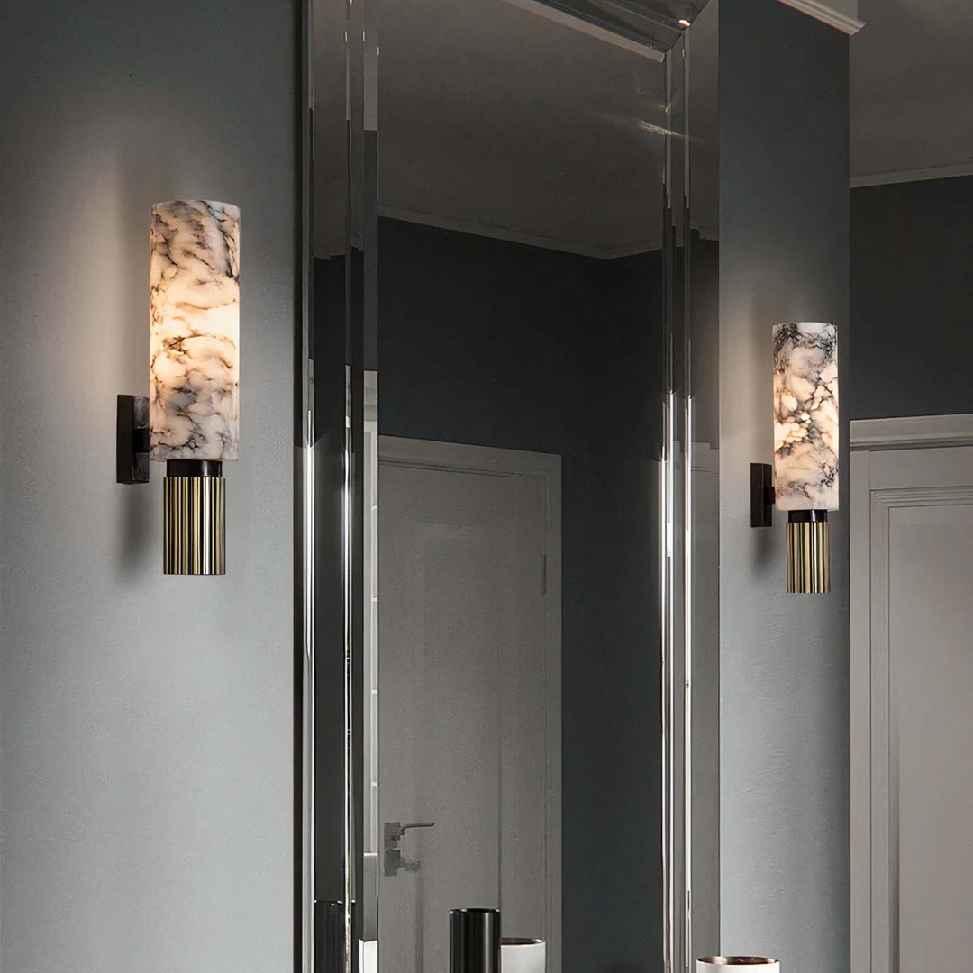 LED Lighting Wall Art - LED Light On Wall illuminating a stylish, black marbled bathroom with luxe copper accents.