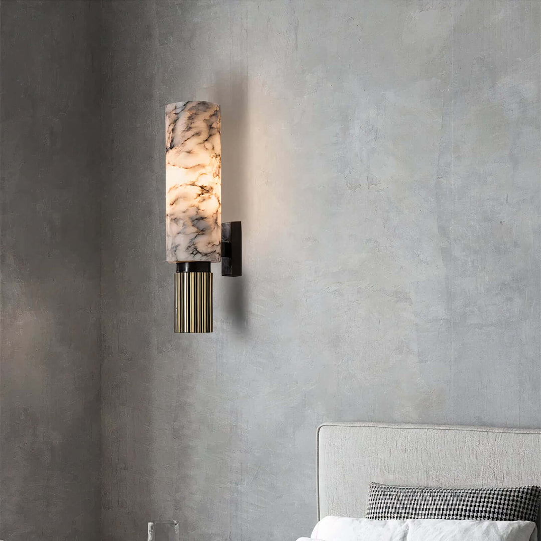 LED Lighting Wall Art - LED Light On Wall illuminating a modern bedroom with marble and copper accents.