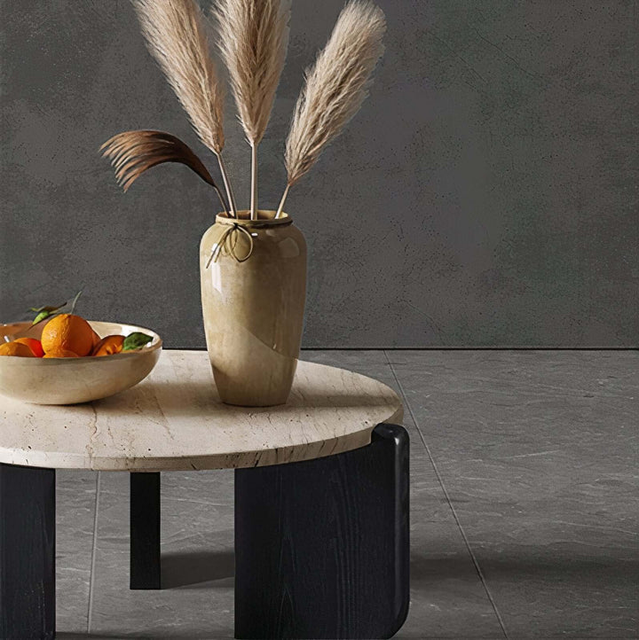 Tables And Coffee Table - Coffee Table Decor Ideas with round marble top, wooden base, and decorative vase.