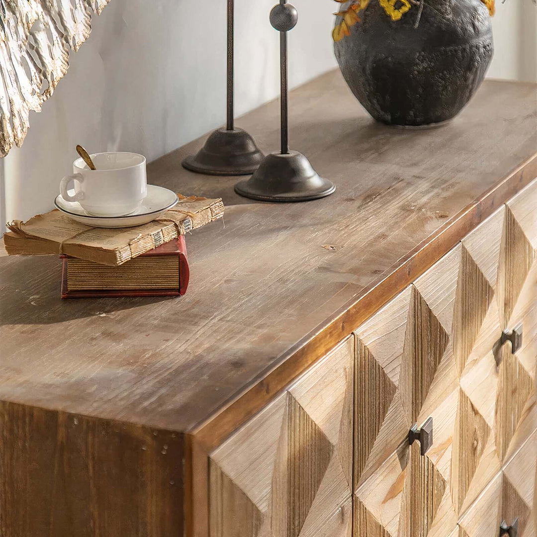 Modern TV Stand - Dining Room Cabinet with textured wood finish and decorative elements on display.