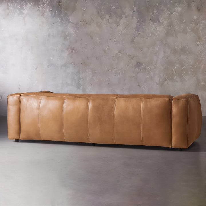 Living Room Sofa Set - Leather Sofa Set in premium full-grain cognac leather with low-slung silhouette and rounded arms.