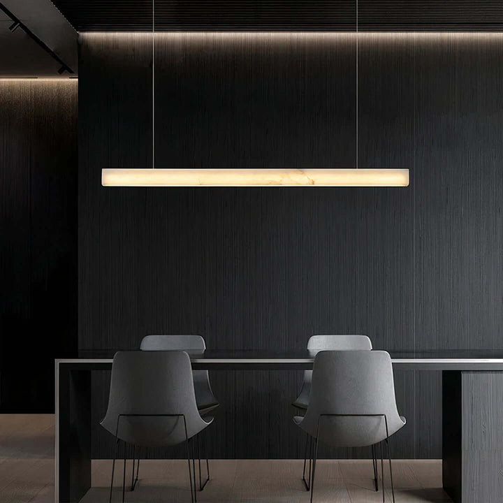 Modern LED Ceiling Light - A Contemporary Touch illuminating a sleek dining area with black walls.