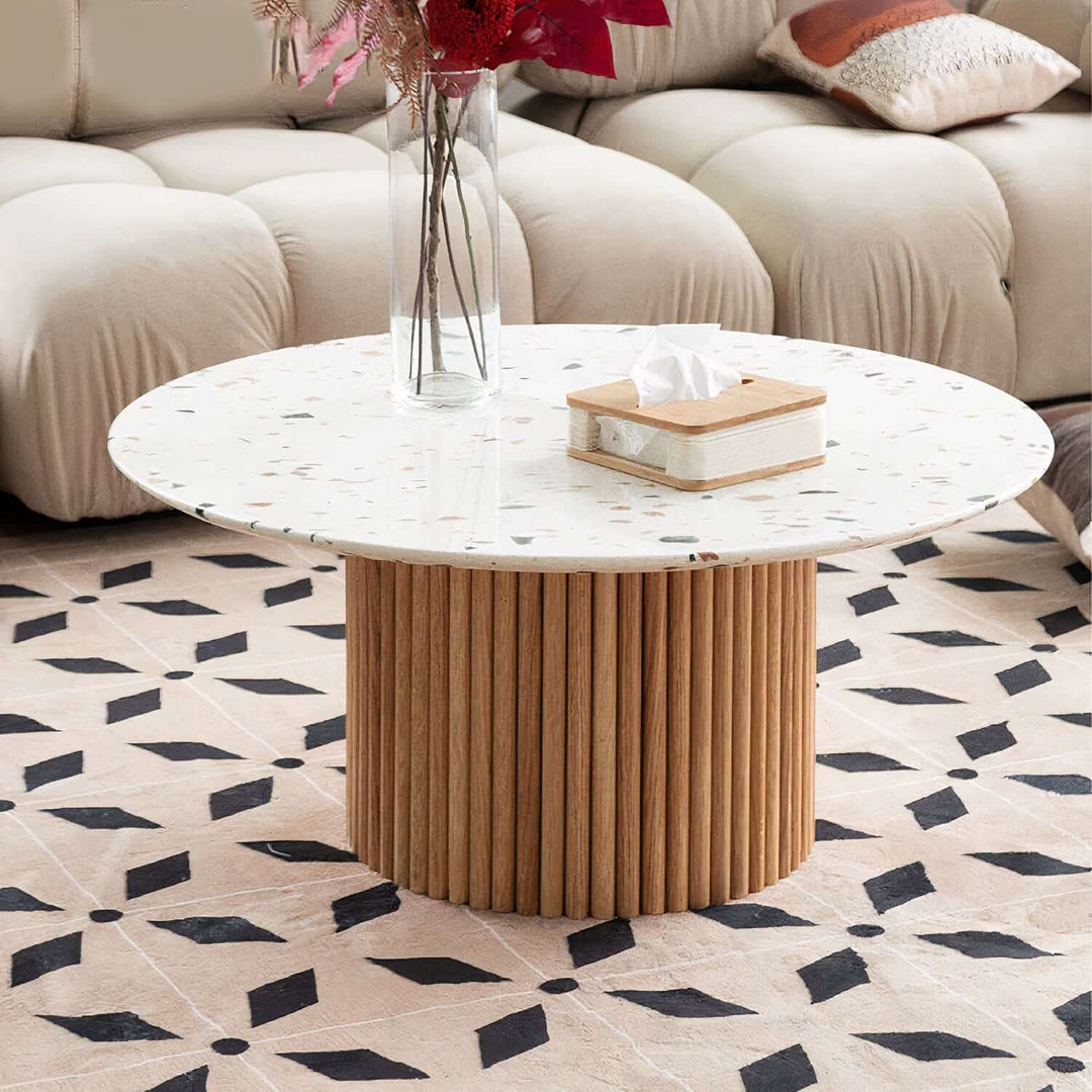 Marble Coffee Table - Coffee Table In Marble with speckled marble top and ashwood base, stylish living room decor.