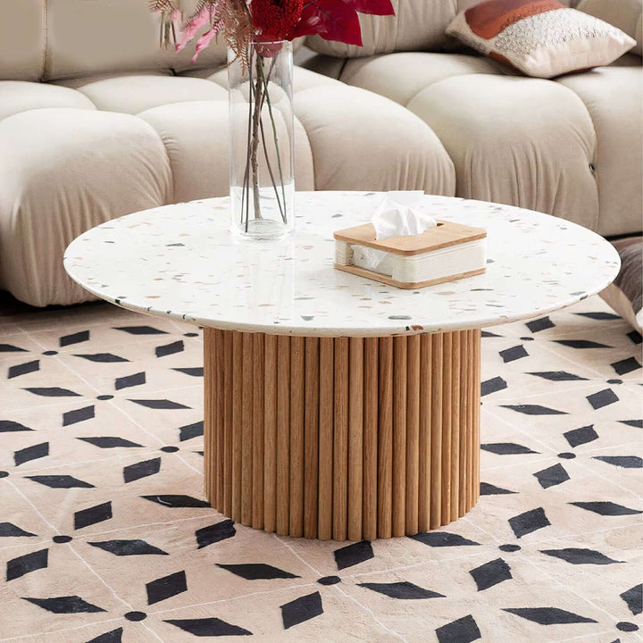 Marble Coffee Table - Coffee Table In Marble with speckled marble top and ashwood base, stylish living room decor.