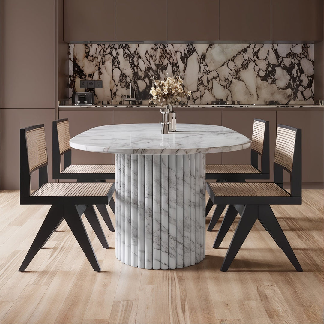 Marble Dining Table Set For 6 - Modern Dining featuring a unique solid marble top and black minimalist chairs.