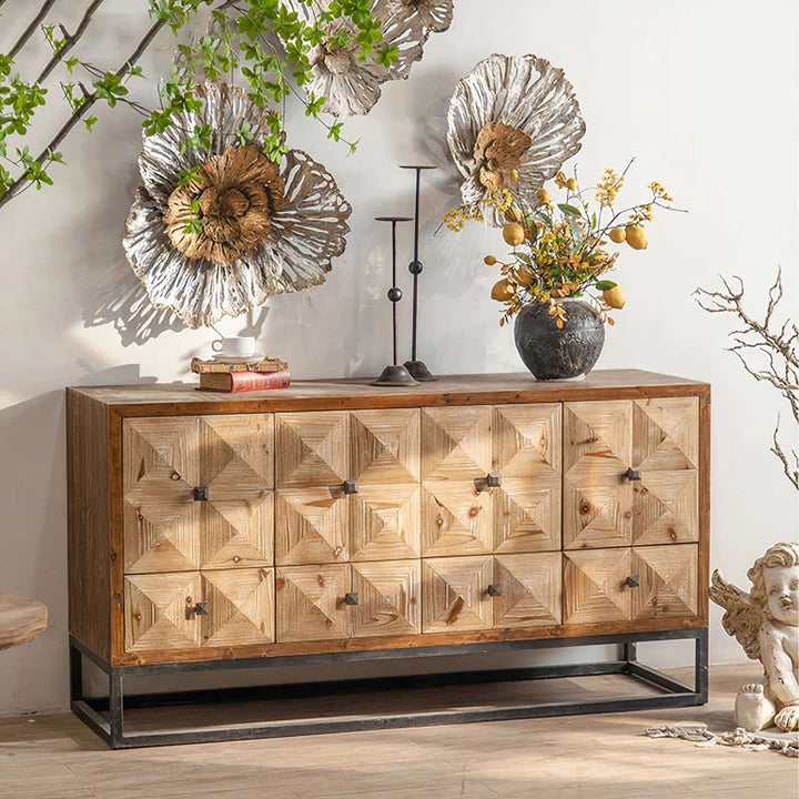 Modern TV Stand - Dining Room Cabinet showcasing a stylish wood design with decorative elements and floral arrangements.
