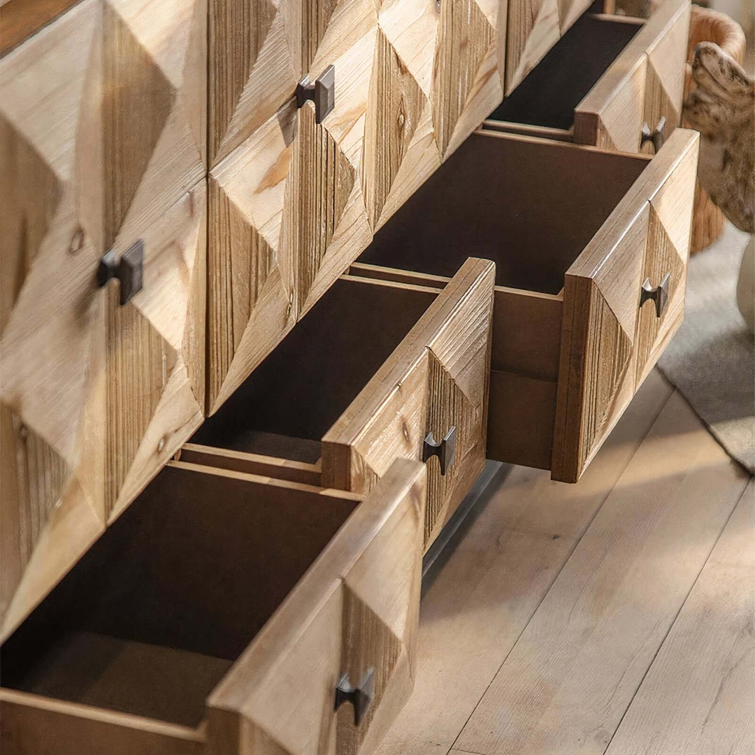 Modern TV Stand - Dining Room Cabinet with stylish wooden drawers showcasing unique design.