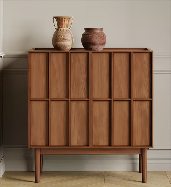 Side Table With Storage - Wood Side Table featuring rich walnut wood design with decorative pots on top.