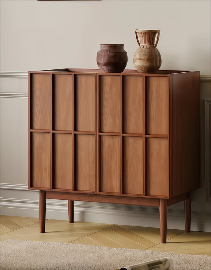 Side Table With Storage - Wood Side Table displayed in a modern living space with decorative pots.