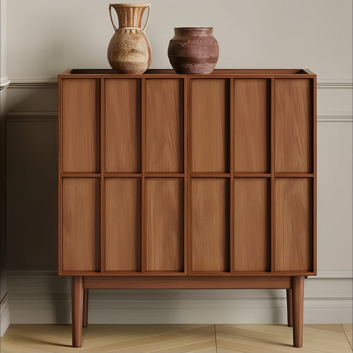Side Table With Storage - Wood Side Table featuring a modern design in rich walnut wood with decorative pottery.