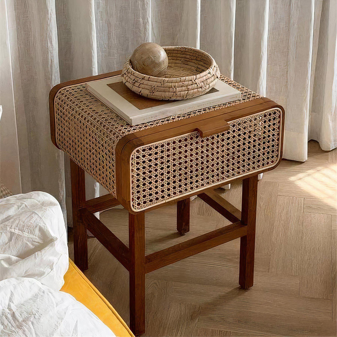 Harlow Retro Style Wood Rattan Side Table