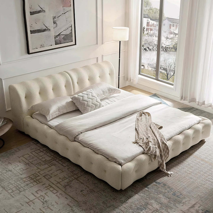 Queen Bed Frame With Headboard - Queen Size Bed in cream finish with tufted design in a modern bedroom setting.