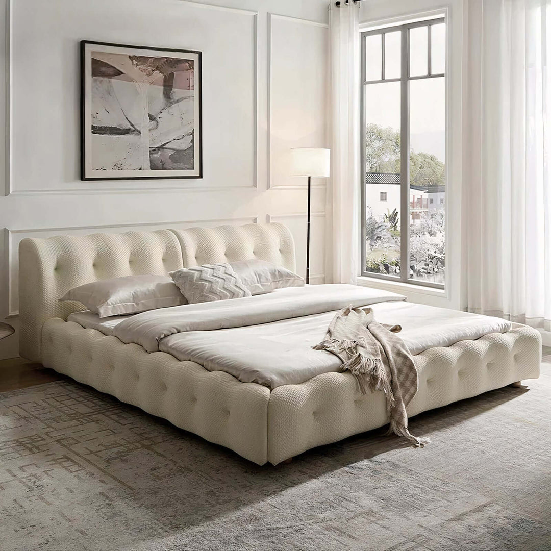 Queen Bed Frame With Headboard - Queen Size Bed in cream color with tufted design in modern bedroom setting.