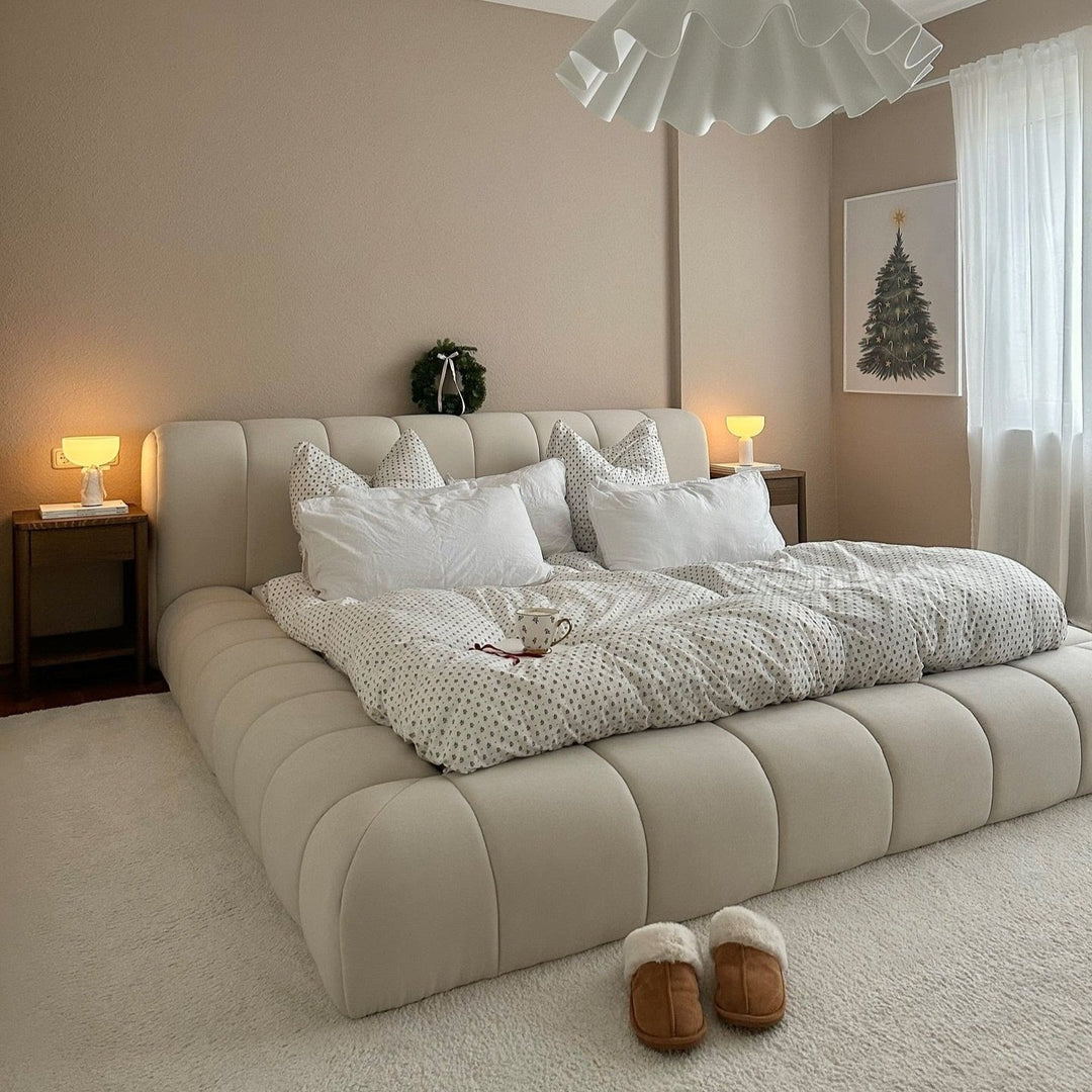 Queen Bed Frame With Headboard - Queen Beds Queen in a stylish bedroom with soft cream tones and cozy bedding.