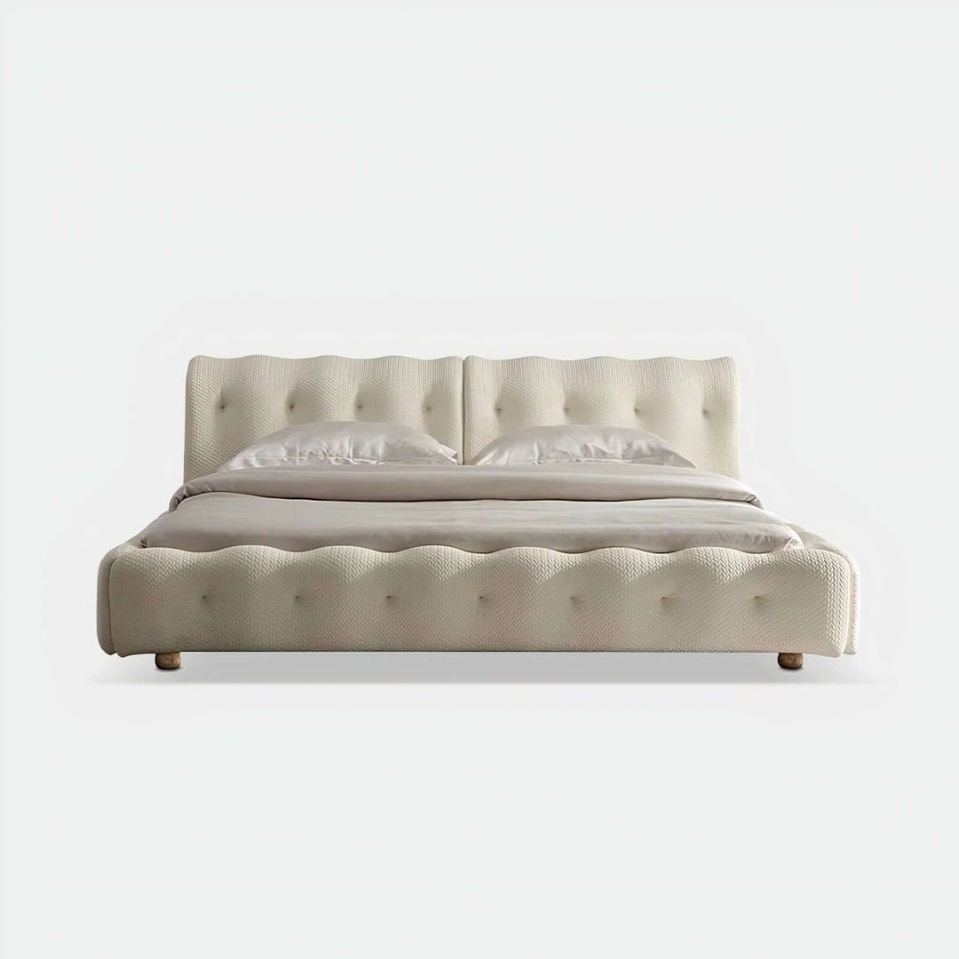 Queen Bed Frame With Headboard - Queen Size Bed featuring a cream colored finish and tufted design.