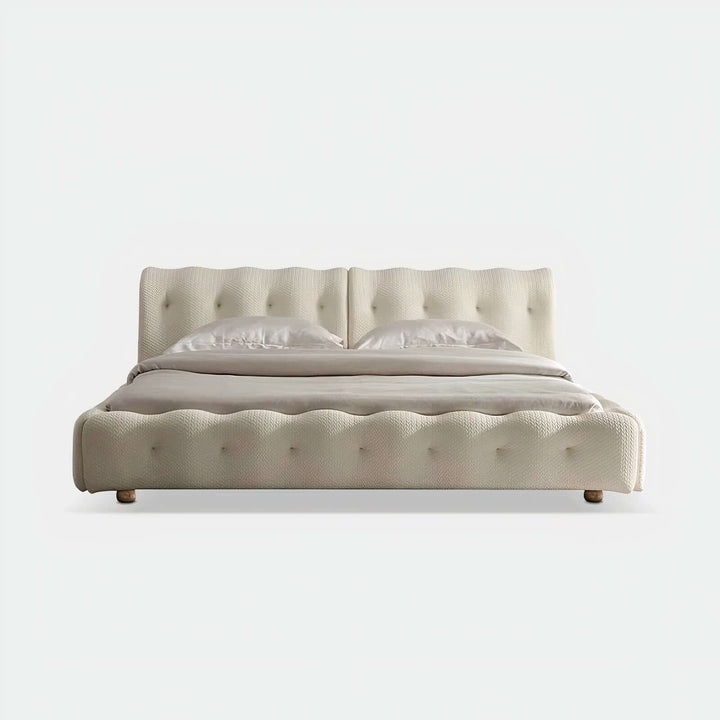 Queen Bed Frame With Headboard - Queen Size Bed featuring a cream colored finish and tufted design.