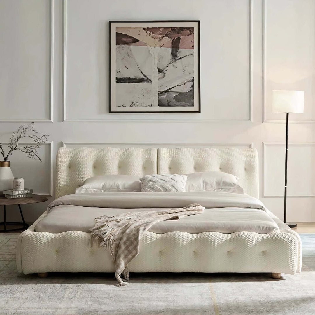 Queen Bed Frame With Headboard - Queen Size Bed in cream color with textured finish and integrated headboard.