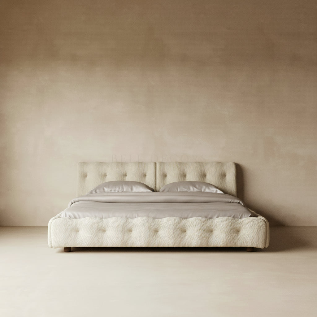 Queen Bed Frame With Headboard - Queen Size Bed in cream finish with textured design and integrated headboard