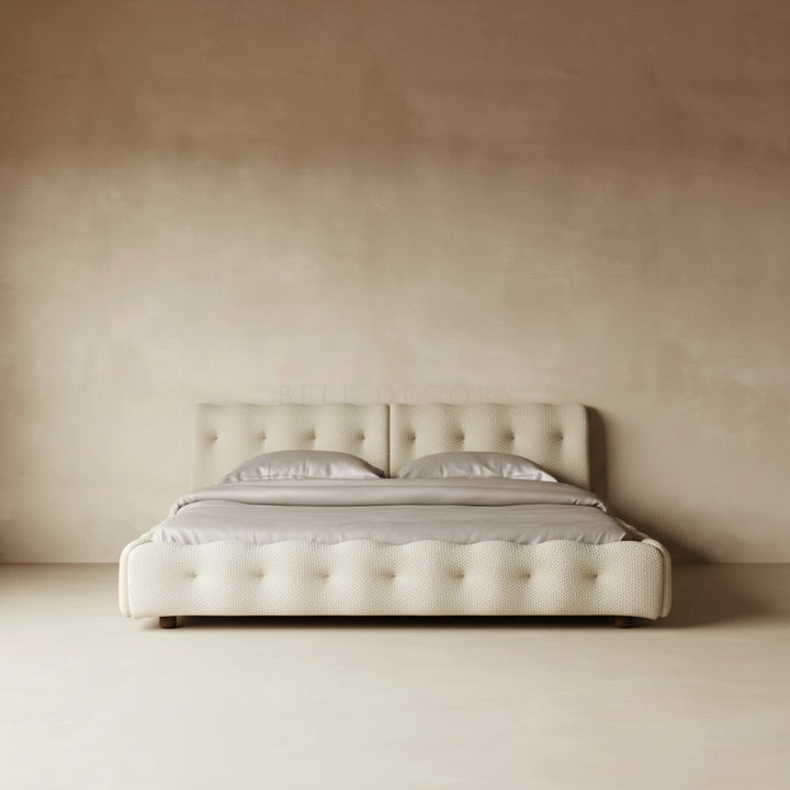 Queen Bed Frame With Headboard - Queen Size Bed in cream finish with textured design and integrated headboard