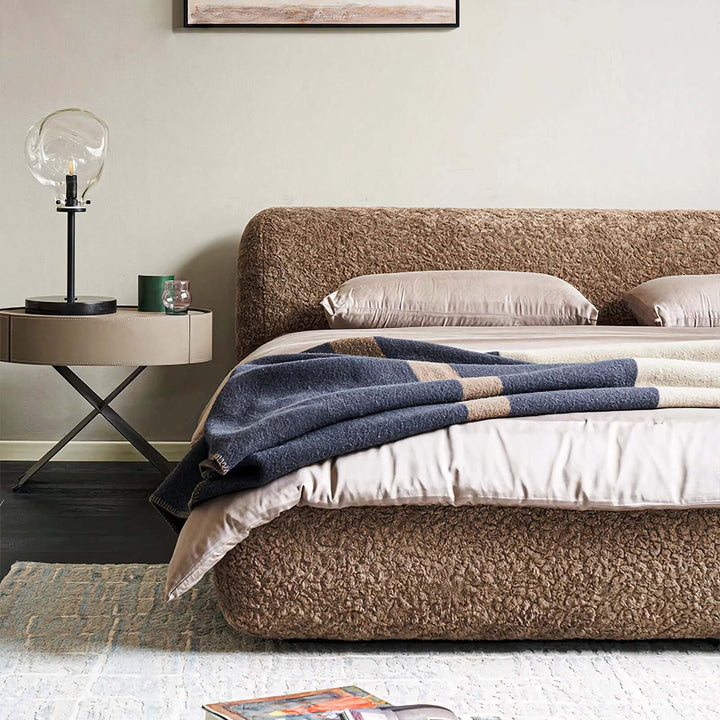 Queen Size Bed - California King Bed with soft fabric and minimalist design in a modern bedroom setting.