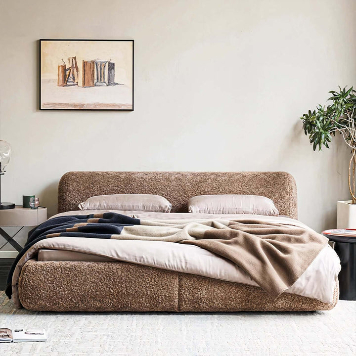Queen Size Bed - California King Bed with a minimalist design and cozy bedding in a modern bedroom setting.
