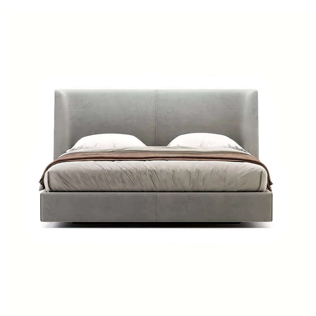 Queen Size Bed - King Bed Beds with upholstered gray headboard and plush bedding for a serene bedroom aesthetic.