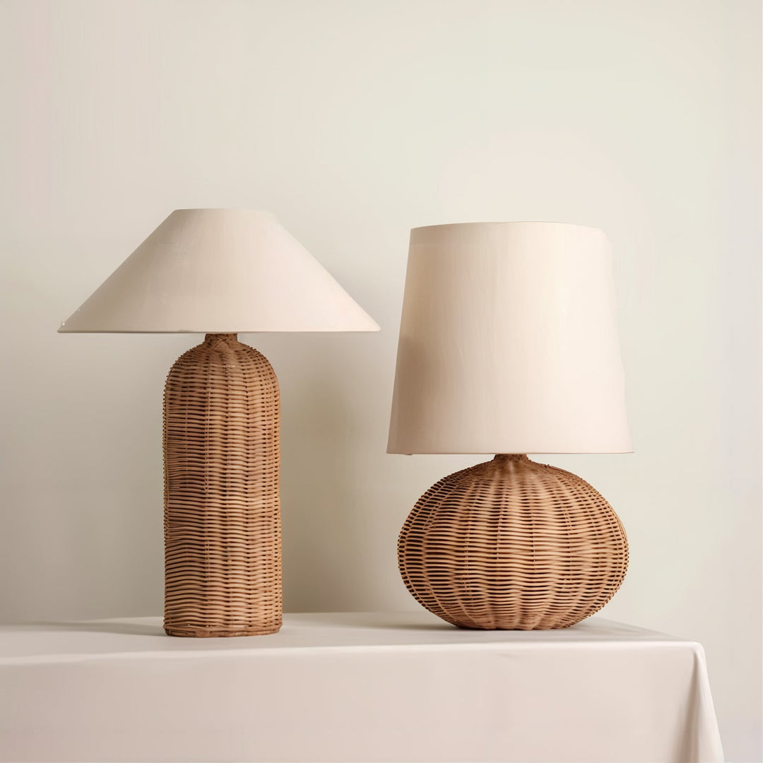 Mid Century Table Lamp - Traditional Yet Contemporary with woven rattan shades, perfect for elegant interiors.