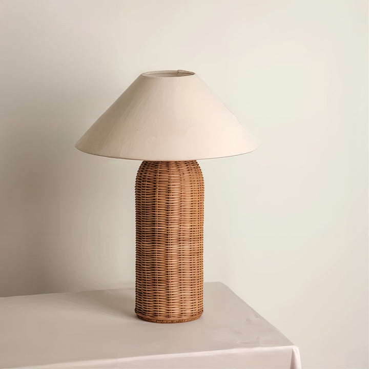 Mid Century Table Lamp - Traditional Yet Contemporary with woven rattan shade providing warm ambient glow.