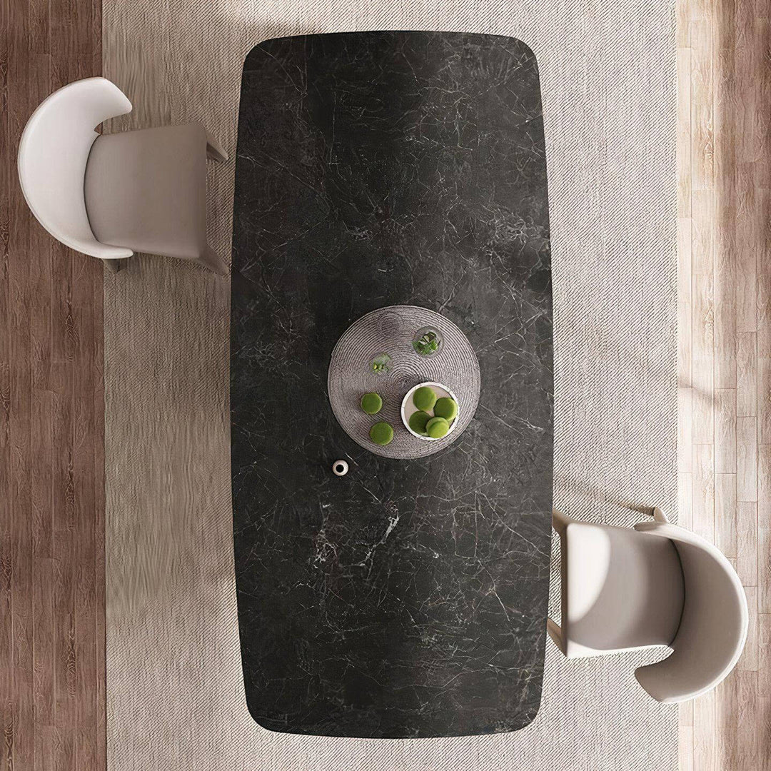 Rectangle Marble Dining Table - Perfect For Dining displayed with modern chairs and a centerpiece.