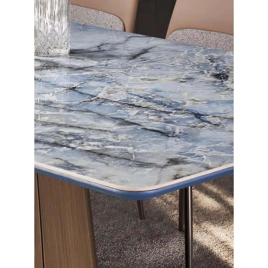Rectangle Marble Dining Table - Perfect For Dining with stunning rock plate top in blue tones.