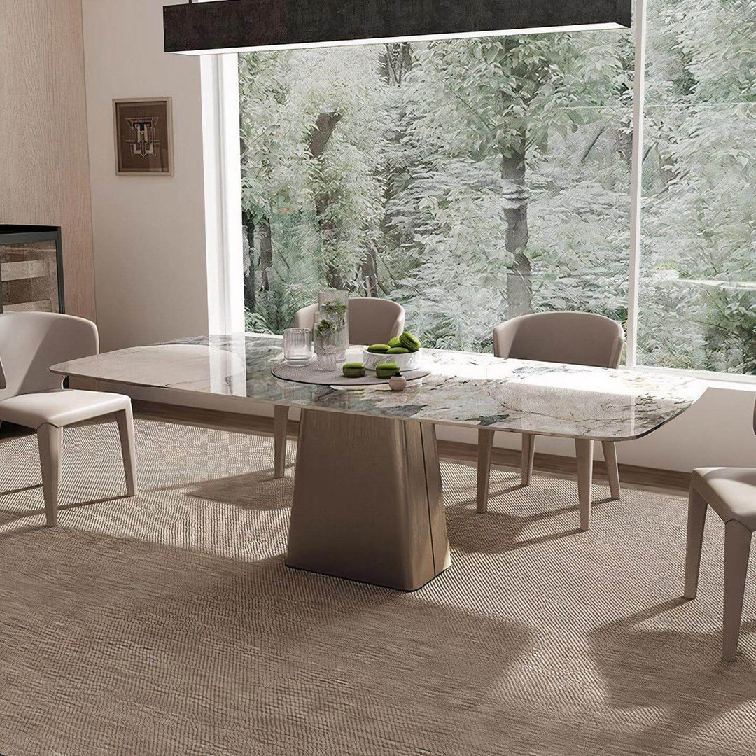 Rectangle Marble Dining Table - Perfect For Dining showcased in a modern dining room with elegant chairs and a serene view.