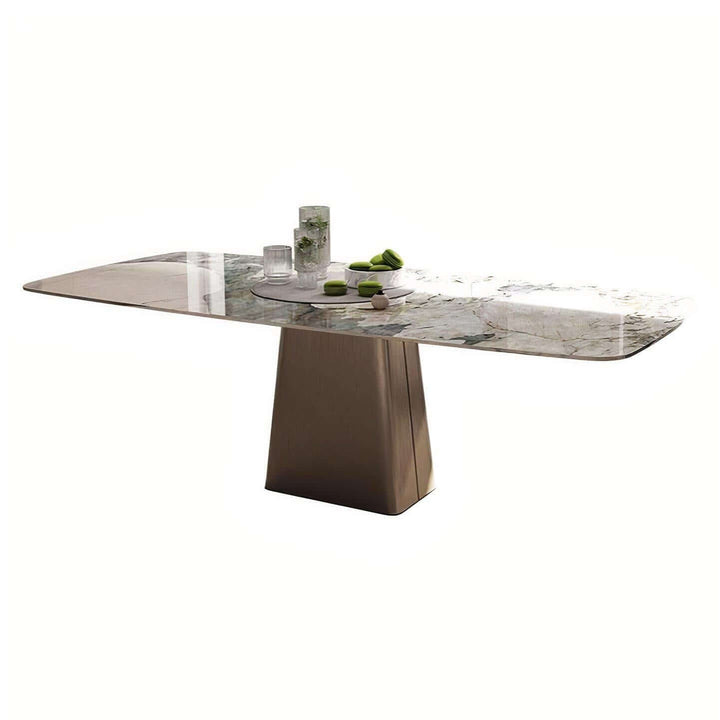 Rectangle Marble Dining Table - Perfect For Dining with elegant rock plate top and stainless steel base.