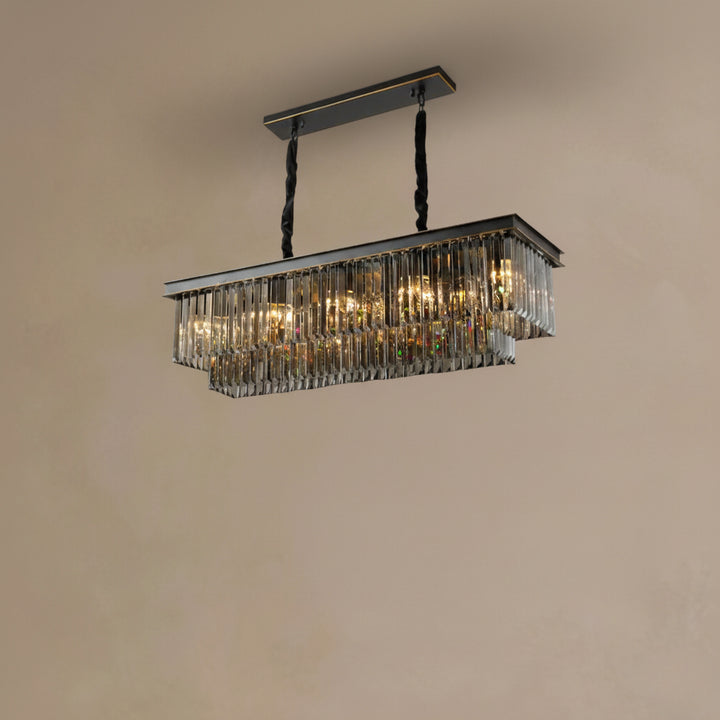 Rectangular Crystal Chandelier | Black LED Pendant Light — Dining Room