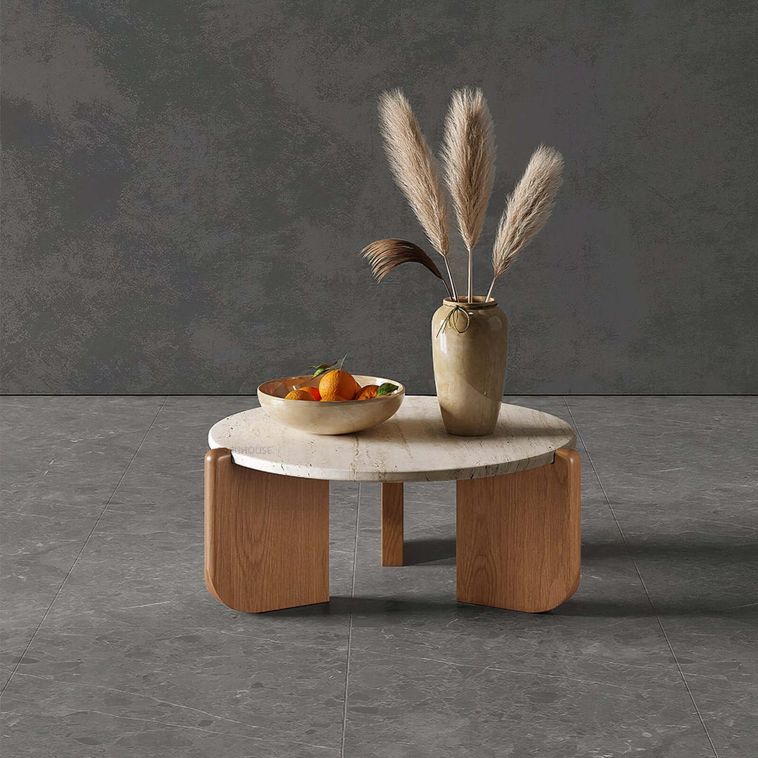 Tables And Coffee Table - Coffee Table Decor Ideas featuring a round marble and oak coffee table with decorative vase.