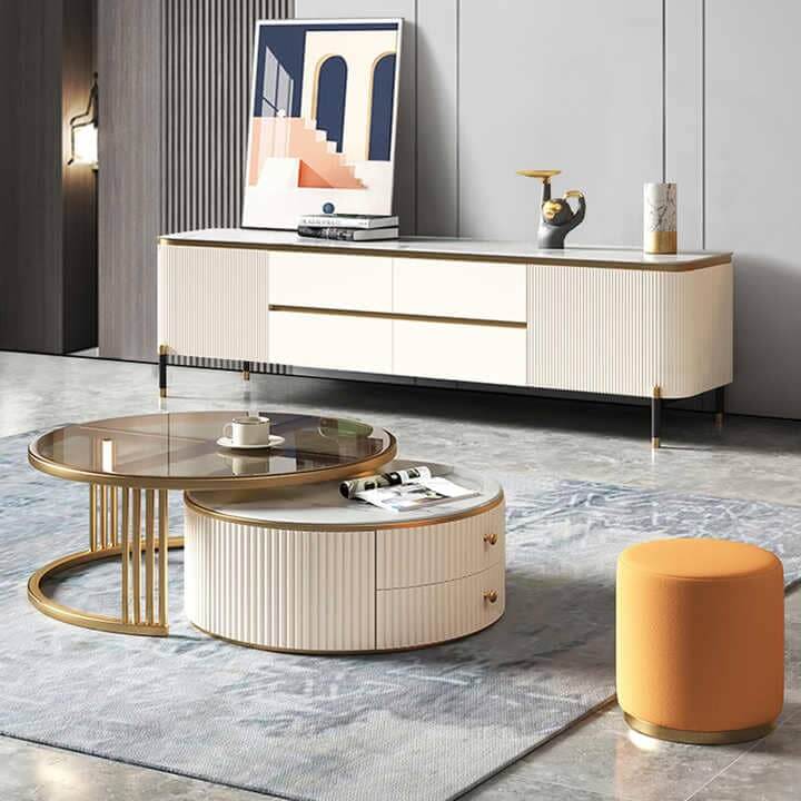 Round Coffee Table | Nesting Marble Glass Coffee Table — Modern Living Room