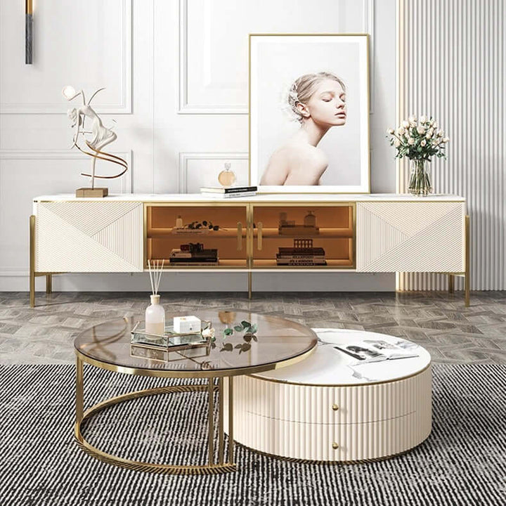 Round Coffee Table | Nesting Marble Glass Coffee Table — Modern Living Room