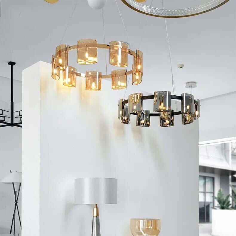 Two stylish LED chandeliers in a modern interior, adding elegance and warm lighting to the room.